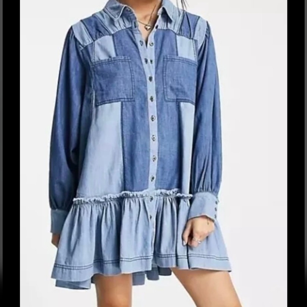 Free people size extra large sun burst denim mini dress 100% cotton